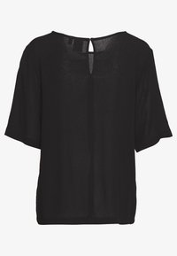 Svart blus med kort ärm och detalj i form av nyckelhål på ryggen, lös passform och textil med struktur, med rund halsringning och rak nederkant.