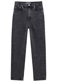 Svarta högmidjade jeans i denim med rak benled, femficksdesign, metallhardware och subtila blekningar.