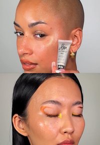 Topp: Skallet modell med klar hud, holder en sølv tube merket "dm COLORFIX". Bunn: Modell med svart hår, oransje og gul øyemakeup.