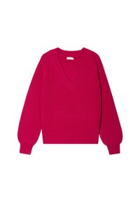 Suéter de punto de color rosa brillante con escote en V y manga larga. Presenta un ribete en el cuello y los puños, con un corte relajado y una textura suave.