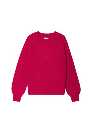 Pull à col en V, à manches longues, en tricot rose vif. Présente un cordon à l'encolure et aux poignets, avec une coupe décontractée et une texture lisse.
