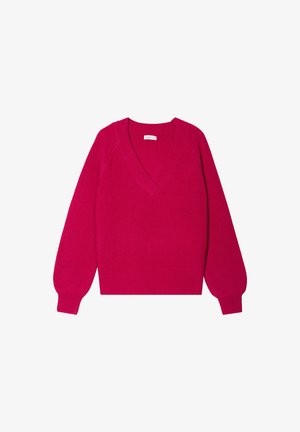 Pull à col en V, à manches longues, en tricot rose vif. Présente un cordon à l'encolure et aux poignets, avec une coupe décontractée et une texture lisse.