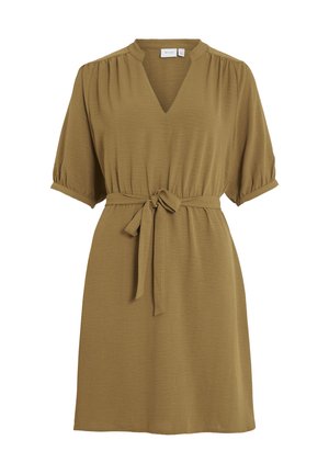 Olive green dress with a V-neck, short puff sleeves, and a tied waist belt. Made from soft, textured fabric with a relaxed fit.