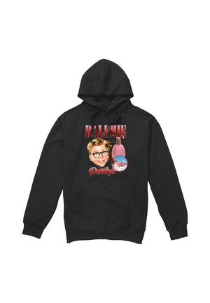 Black hoodie with images of a boy wearing glasses, a person in a pink bunny suit, and the text "Ralphie Parker" and "A Christmas Story."