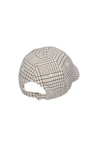 Cap featuring a beige and black plaid design, soft fabric, curved visor, and an adjustable back strap with a metal buckle.