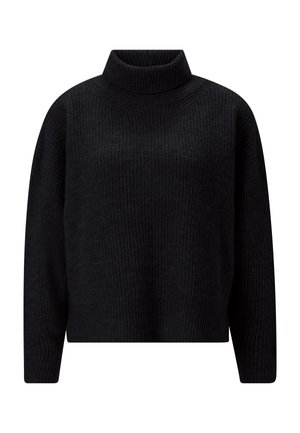 Fekete kötött pulóver magas garbóval, bordás textúrával és oversize fazonnal, széles ujjaival és rövidített hosszal.