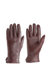 Guanti in pelle borgogna con finitura liscia, design strutturato e dettagli con polsino arricciato. Presentano un piccolo accento metallico sul polso.