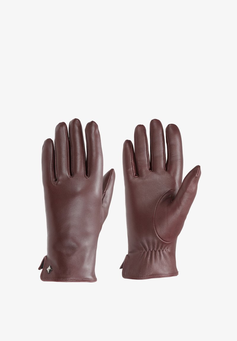 Bordo odiniai pirštinės su lygiu paviršiumi, struktūrizuotu dizainu ir surinkta rankogaliu. Yra mažas metalinis akcentas ties riešu.