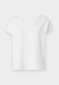 Biały lniany top z krótkim rękawem i dekoltem w serek, o luźnym kroju i lekko teksturowanej tkaninie. Prosty i minimalistyczny design.