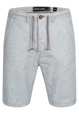 Striped light gray shorts made of cotton, featuring a button closure, drawstring, and side pockets. Accents include black and white drawstrings.