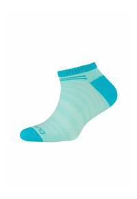 Skarpetki pod kostkę wykonane z jasnoniebieskiej i turkusowej tkaniny w poziome paski, z wzmocnionym palcem i mankietem.