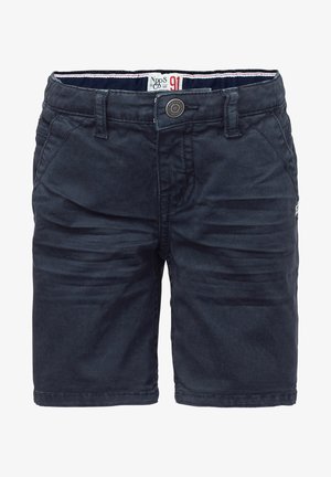 Shorts en coton bleu marine avec fermeture à boutons, passants pour ceinture, poches avant et détail de la ceinture intérieure avec logo.