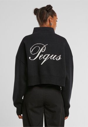 Sweater noir court avec un col montant, présentant un texte en cursive blanche "Pegu" au dos. Tissu en maille avec un ourlet côtelé et des manches oversized.