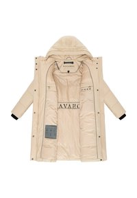 Beige gewatteerde jas met een afneembare capuchon, voorzien van een zachte binnenvoering, meerdere zakken en contrasterende zwarte mouwmanchetten.