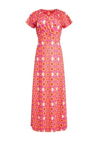 Maxikleid in leuchtendem Pink mit einem auffälligen, kreisförmigen Muster. Kurze Ärmel, Rundhalsausschnitt und eine taillierte Passform, die am Saum ausläuft.