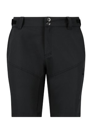 Black shorts made of lightweight fabric, featuring a zipper pocket, belt loops, dual buttons, and angled seam details.
