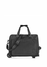 Czarna torba na ramię z kółkami, wykonana z wytrzymałego materiału, z zamykaną na zamek przednią kieszenią, regulowanym paskiem na ramię oraz podwójnymi uchwytami u góry.