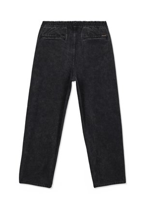 Pantalon droit à taille élastique noire avec poches passepoilées à l'arrière et petit logo Volcom sur la poche droite.