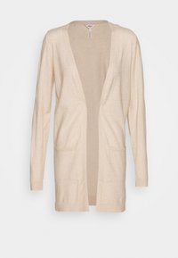 Cardigan lavorato a maglia beige con maniche lunghe, apertura frontale, due tasche frontali e polsini a coste. Tessuto liscio con una sensazione leggera.