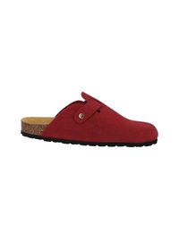 Zoccolo in suede rosso senza lacci con un fondo in sughero. Presenta un dettagliato bottone a pressione color oro e una suola in gomma nera resistente.