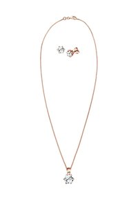 Schmuckset aus Roségold mit einer Anhänger-Halskette, die einen klaren, blütenförmigen Stein zeigt, und passenden Ohrringen mit ähnlichem Steindesign.
