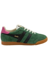 Green suede sneaker with black stripes, white laces, and a pink heel accent. Textured rubber sole in brown. Gola logo on the side.
