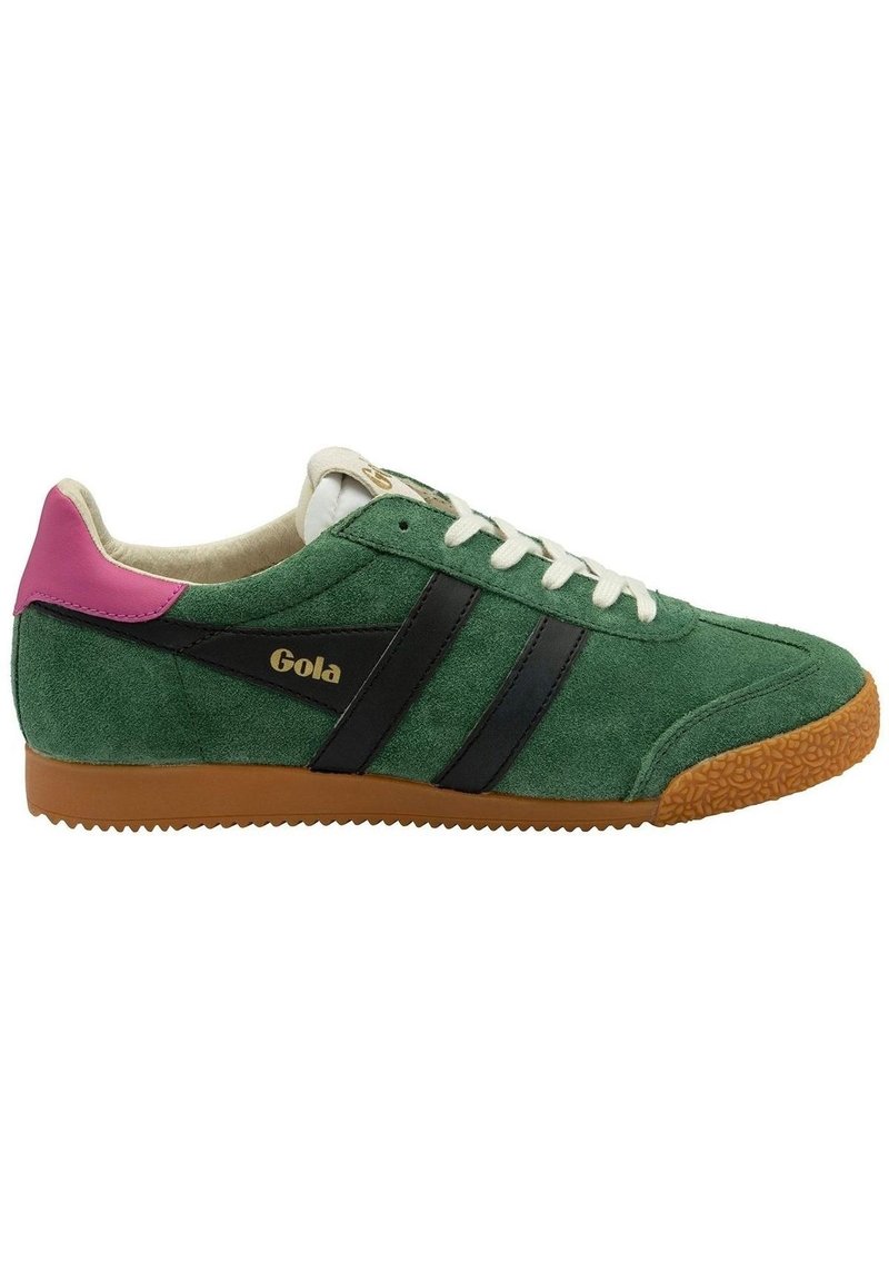 Green suede sneaker with black stripes, white laces, and a pink heel accent. Textured rubber sole in brown. Gola logo on the side.
