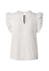 Λευκό μπλουζάκι με κοντά μανίκια και βολάν, κάθετες πιέτες μπροστά και πίσω λαιμόκοψη με άνοιγμα και κουμπί κλεισίματος.