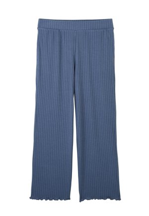 Pantalons larges à côtes bleues avec une taille élastique et des détails d'ourlet brut. Compos és d'un tissu à la texture lisse.