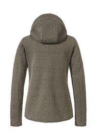 Braune, strukturierte Jacke mit angenommener Kapuze, langen Ärmeln und taillierter Passform, von hinten auf einem weißen Hintergrund gezeigt.