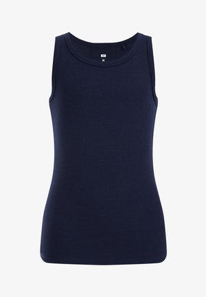 Top a manica senza maniche in maglia a coste di colore blu navy con scollatura tonda. Texture liscia e forma aderente, ideale per essere sovrapposto.