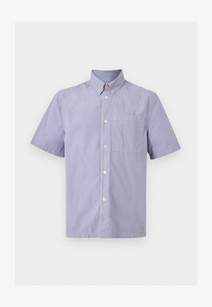 Light blue short-sleeve button-up shirt with a button-down collar and a single chest pocket on a white background.