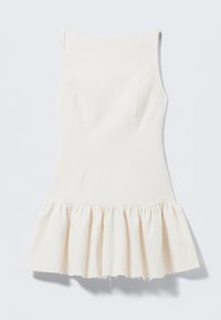 White sleeveless dress with a textured fabric, fitted bodice, and a flared, ruffled hem. Clean lines and minimalist design.