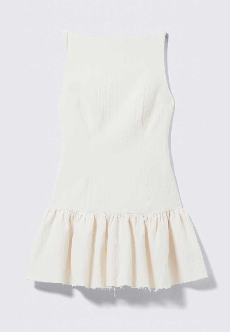 White sleeveless dress with a textured fabric, fitted bodice, and a flared, ruffled hem. Clean lines and minimalist design.