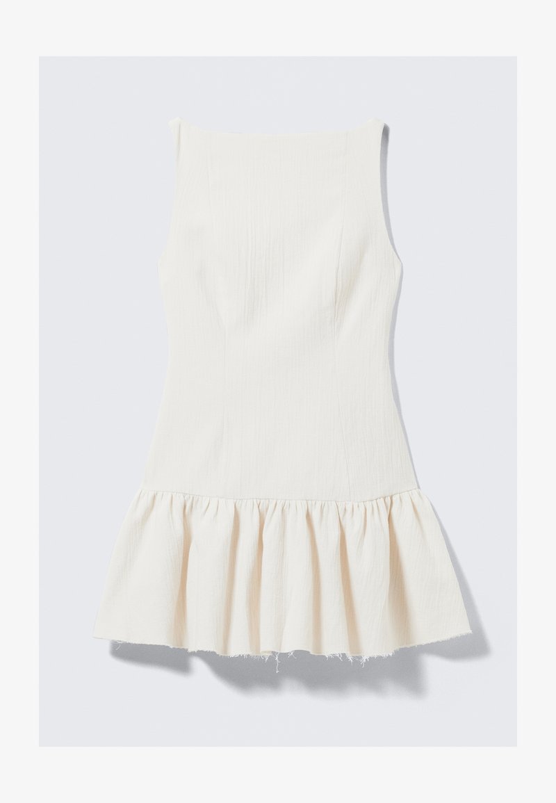 White sleeveless dress with a textured fabric, fitted bodice, and a flared, ruffled hem. Clean lines and minimalist design.