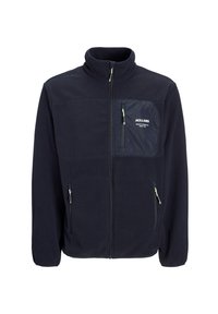 Chaqueta de forro polar azul marino oscuro con un cuello alto, cierre frontal de cremallera, dos bolsillos laterales y un bolsillo en el pecho con un panel brillante negro.