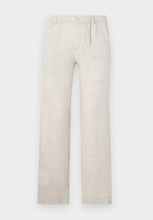 Lyse beige linbukser med rett ben-design, elastisk livlinje og knaplukning. Minimal tekstur med subtile syninger.