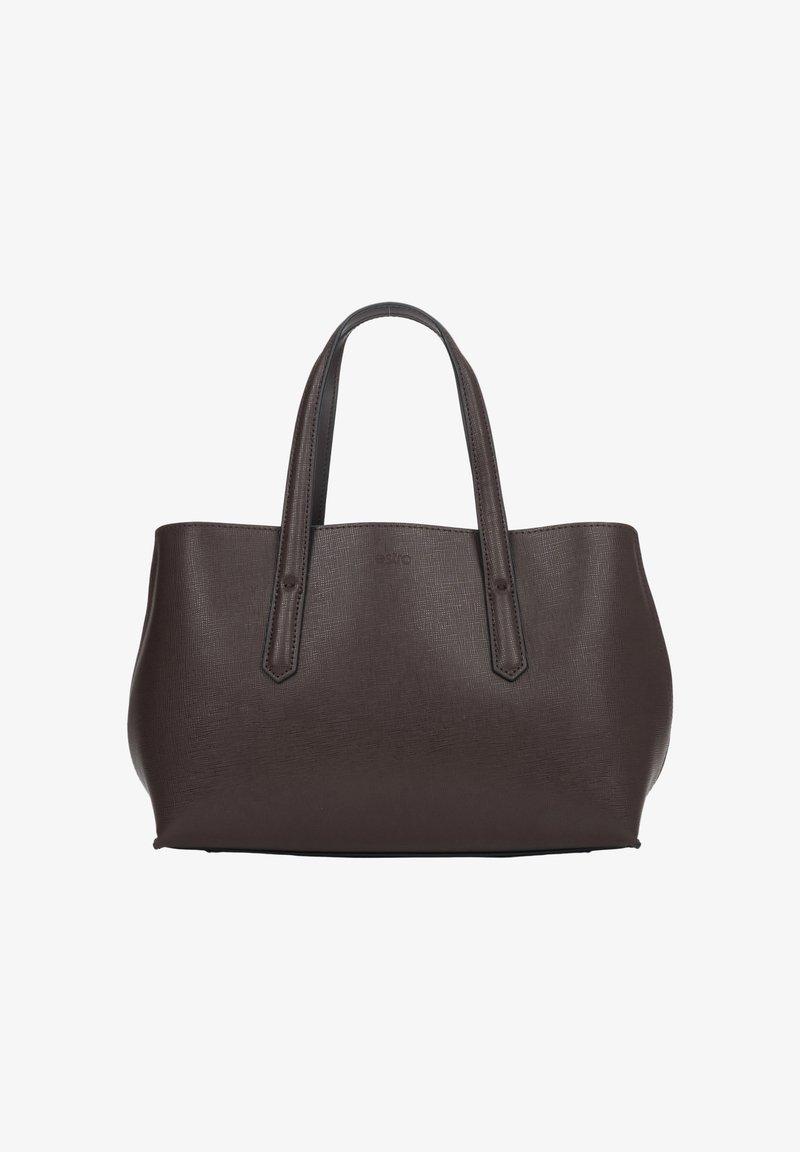 Sac cabas en cuir texturé brun foncé avec deux bretelles pour l'épaule et un bord supérieur légèrement incurvé.