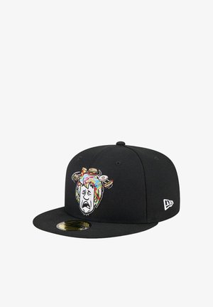 Black snapback cap with colorful embroidered design, featuring a face with food items and bright patterns on top. New Era branding on side.