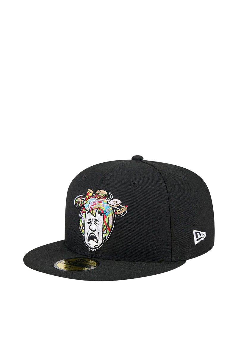 Schwarze Snapback-Baseballmütze mit buntem gesticktem Design, das ein Gesicht mit Lebensmitteln und hellen Mustern zeigt. New Era-Branding an der Seite.
