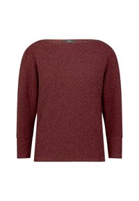 Pull bordeaux à manches longues, col large et tissu texturé. Présente une coupe décontractée et une surface uniforme et lisse sur toute la pièce.