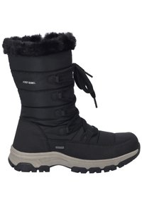 Botte d'hiver noire imperméable avec un col en fourrure, tige en textile, design à lacets et semelle en caoutchouc gris robuste pour une traction optimale.