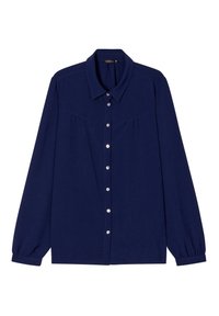 Camicia blu navy con bottoni e maniche lunghe, caratterizzata da una texture morbida, colletto e delicatiAccenti arricciati sulle spalle.