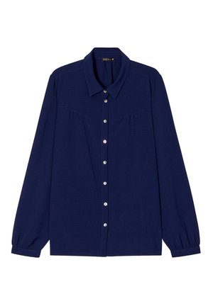 Dunkelblaues Hemd mit Knöpfen und langen Ärmeln, mit weicher Textur, Kragen und subtilen Raffungselementen an den Schultern.