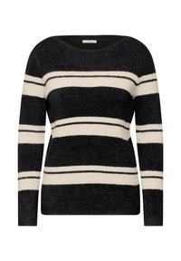 Pull rayé noir et crème en matériau doux, avec des manches longues, un col rond et des rayures horizontales deLargeurs variables.
