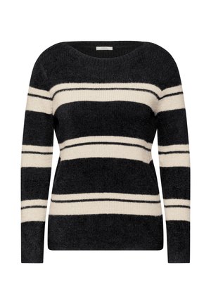 Sort og creme stribet sweater lavet af blødt materiale, med lange ærmer, en rund halsudskæring og vandrette striber i varierende bredder.