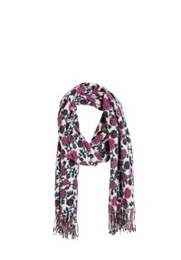 Bufanda de estampado floral en blanco, con flores rosas y verdes oscuros. Material suave con detalles de flecos en los extremos.