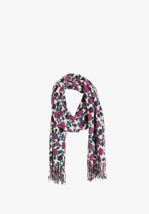 Bufanda de estampado floral en blanco, con flores rosas y verdes oscuros. Material suave con detalles de flecos en los extremos.