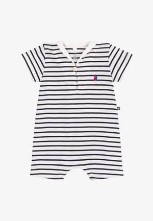 Barboteuse pour bébé à manches courtes avec des rayures horizontales bleu marine et blanches, un col avec un bouton, et une petite broderie de voilier rouge et bleu.