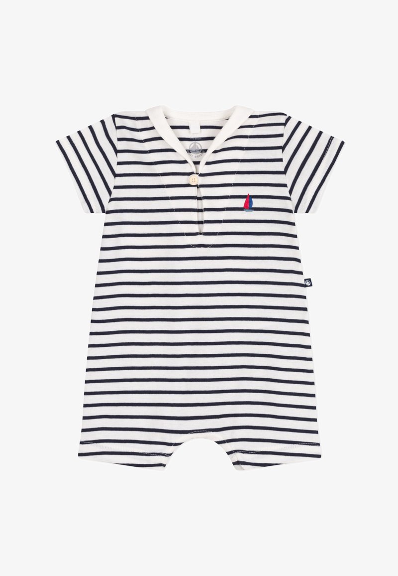 Barboteuse pour bébé à manches courtes avec des rayures horizontales bleu marine et blanches, un col avec un bouton, et une petite broderie de voilier rouge et bleu.